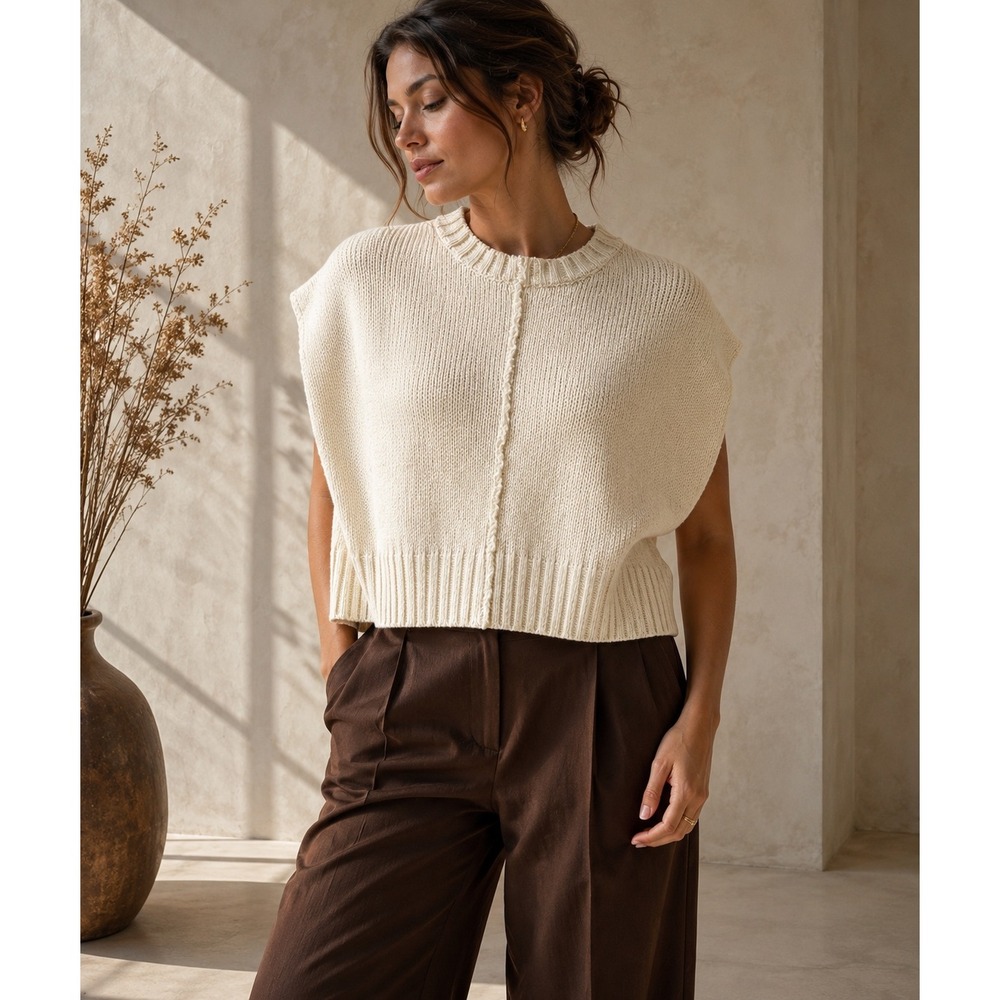 Molly Green Women Cream Knit Sleeveless Sweater Vest Boxy Cropped CSW14851A‎ S